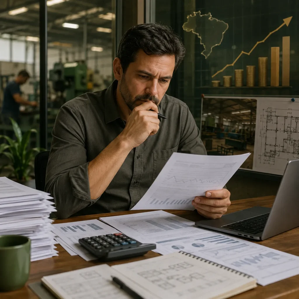 Empresário analisa documentos de financiamento em cenário de custo de capital elevado para empresas e investimentos no Brasil