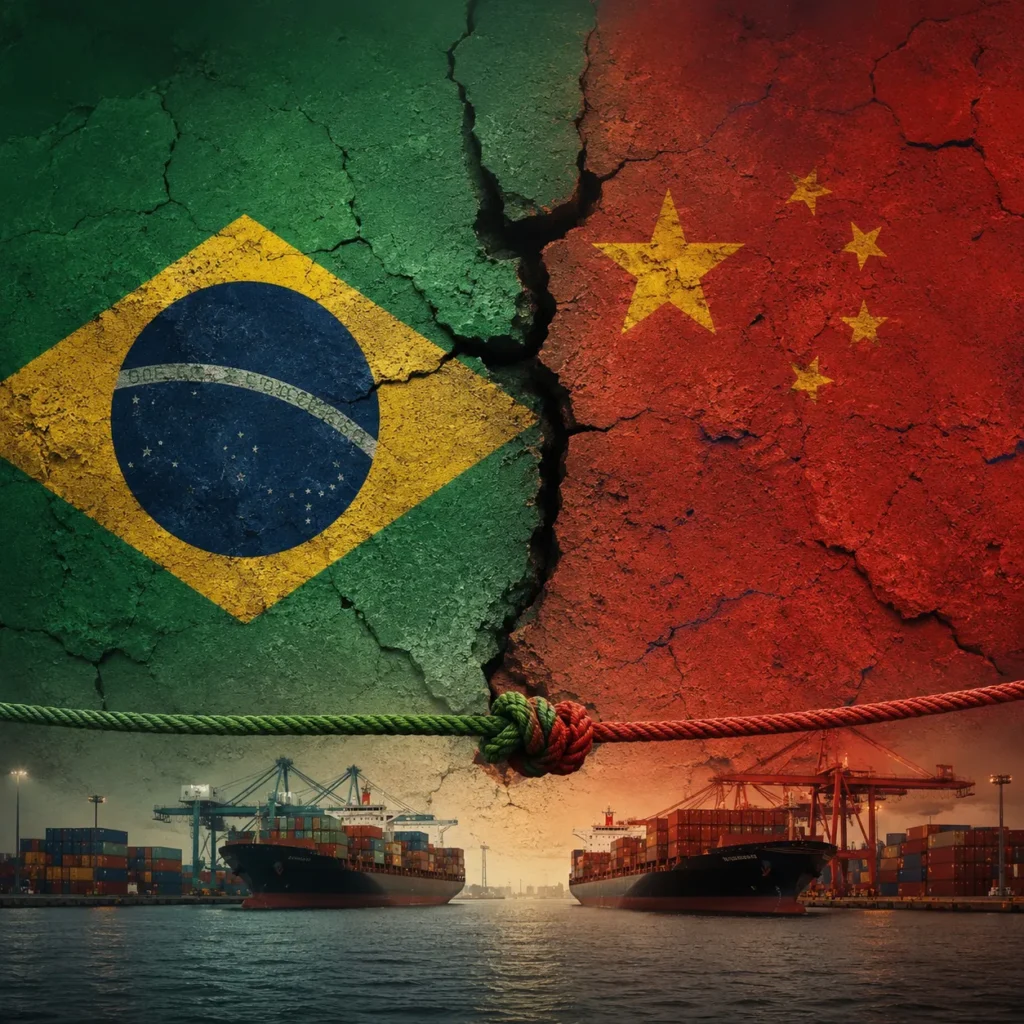 Imagem que representa a relação econômica entre Brasil e China, com bandeiras dos dois países, navios cargueiros, porto e contexto de comércio internacional